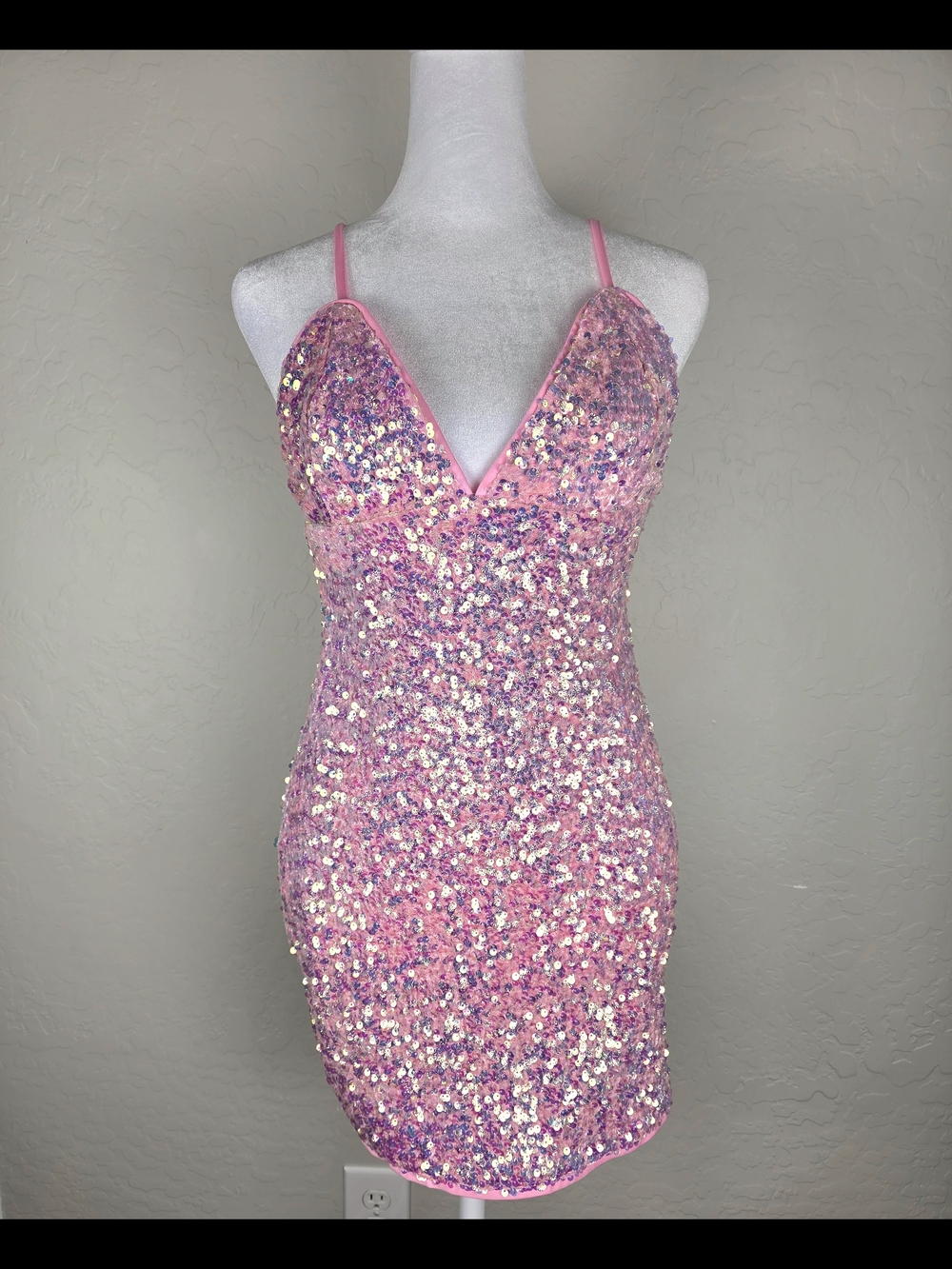 Lulu's Pink Iridescent Sequin Spaghetti Strap Mini Dress